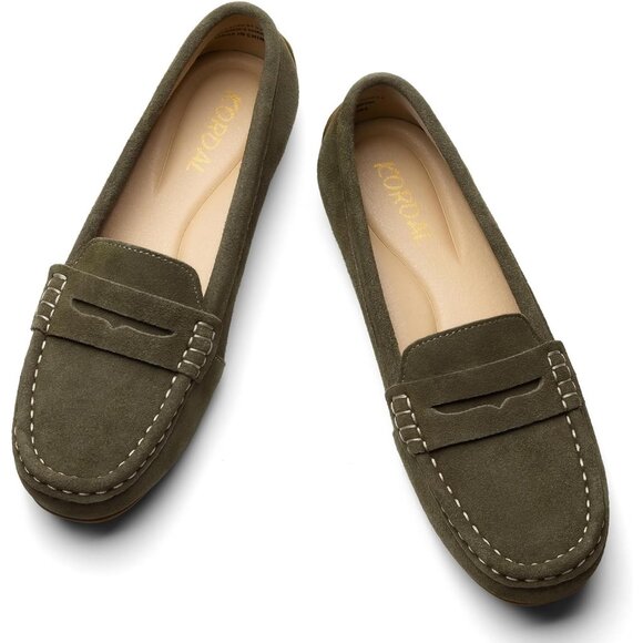 Kordal Women Olive Green Suede Gold Accent Buckle Slip-Ons Walking Flats Loafers - Picture 8 of 9